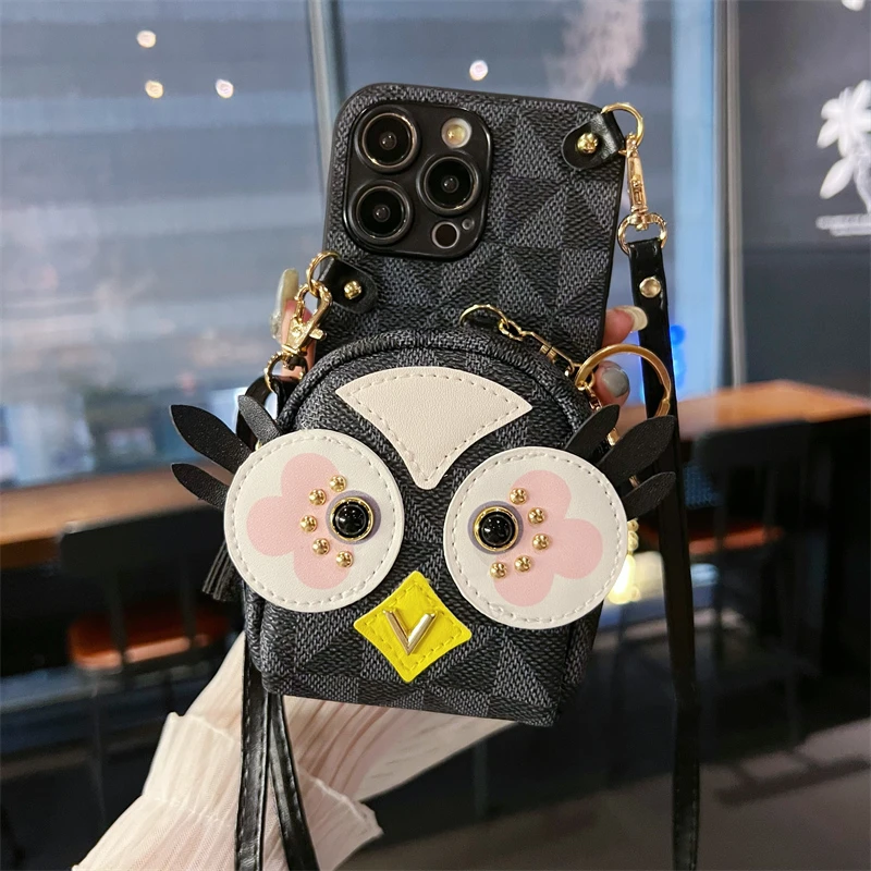 【3500+型号】猫头鹰零钱包手机壳 装卡背带斜跨皮质手工防摔保护套