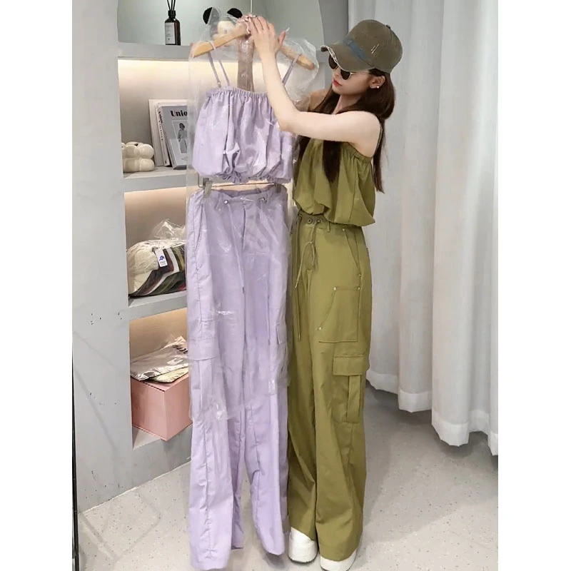时尚套装女2025夏季新款甜辣酷拽工装风蓬蓬吊带上衣工装裤两件套