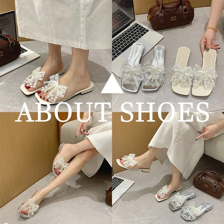 网红爆款仙女风蝴蝶结凉拖鞋女2025夏新款法式粗跟中跟方头一字拖