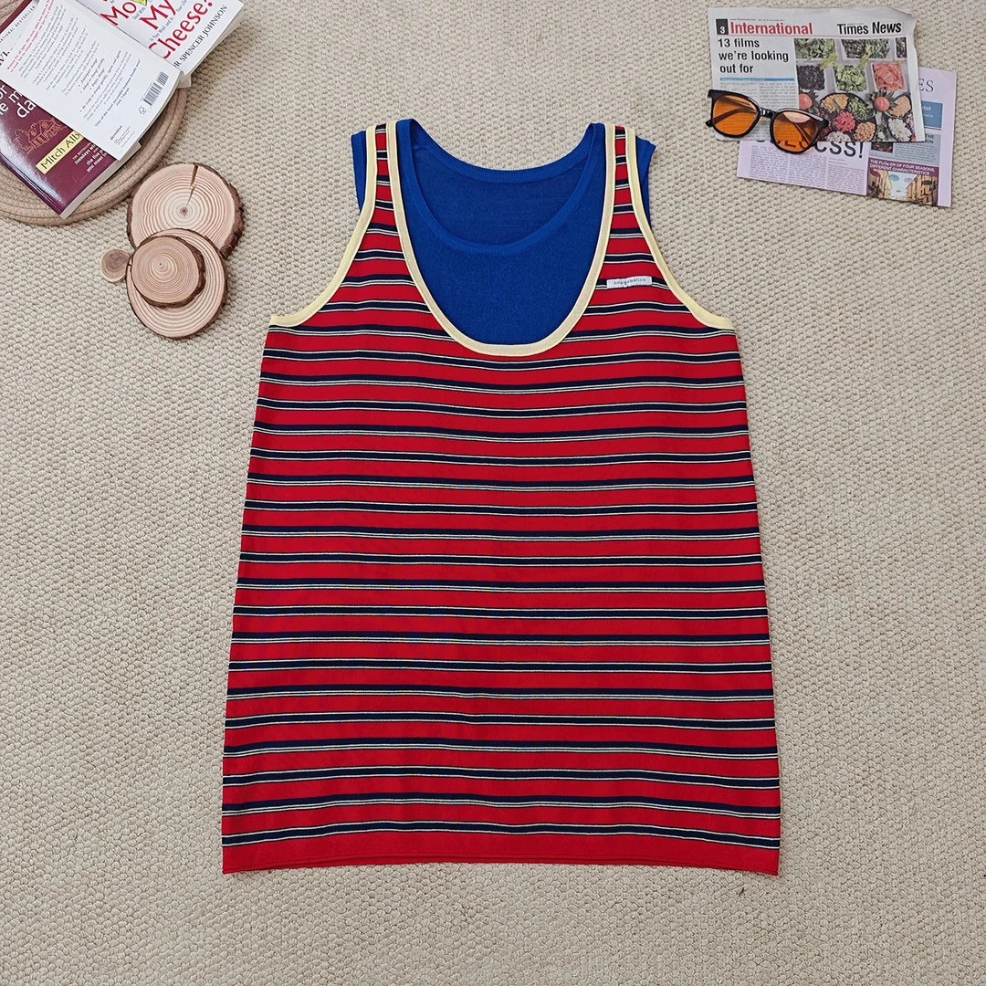 2025夏季新款宽松百搭时尚真两件条纹背心裙2334