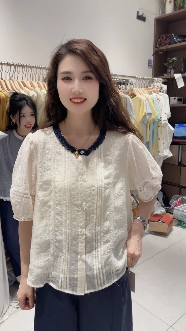 芬芬精选032法式夏季短袖灯笼袖开衫蕾丝衬衫