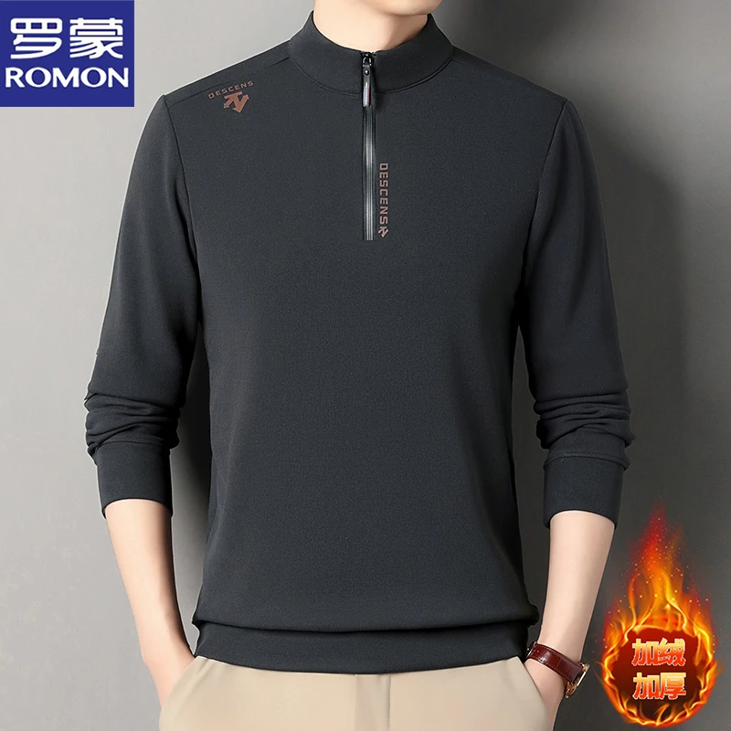 罗蒙半高领拉链纯色卫衣加绒加厚冬季新款男士T恤衫商务打底衫潮