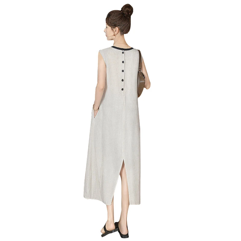 丝柏舍2025夏季新款女宽松撞色圆领开叉无袖中长连衣裙S52R1542L