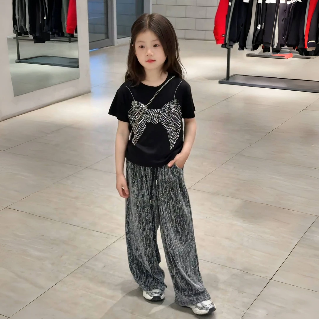 2025女童装钻蝴蝶时尚T恤套装夏装新款韩版洋气阔腿裤两件套