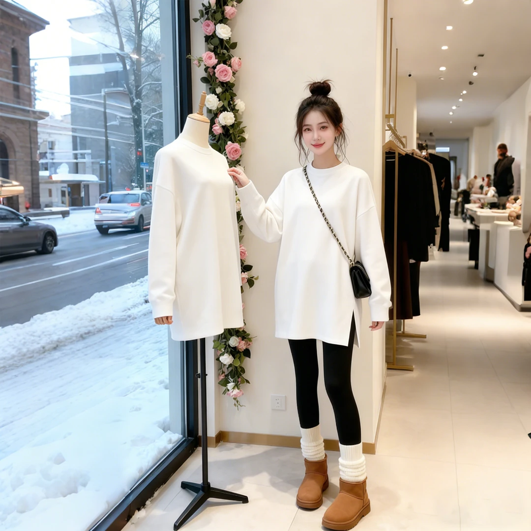 白色内搭加厚保暖中长款长袖T恤德绒宽松遮屁股打底衫女秋冬上衣