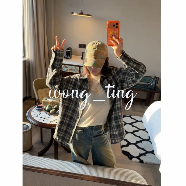 wong_ting小众设计师美式复古高支棉磨毛翻领格纹衬衫75802