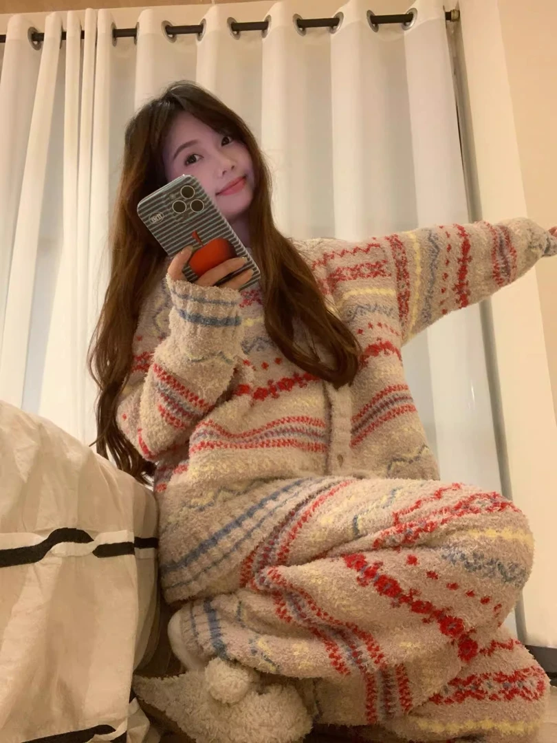 半边绒睡衣女秋冬季2025新款可外穿大码条纹珊瑚绒家居服套装冬天