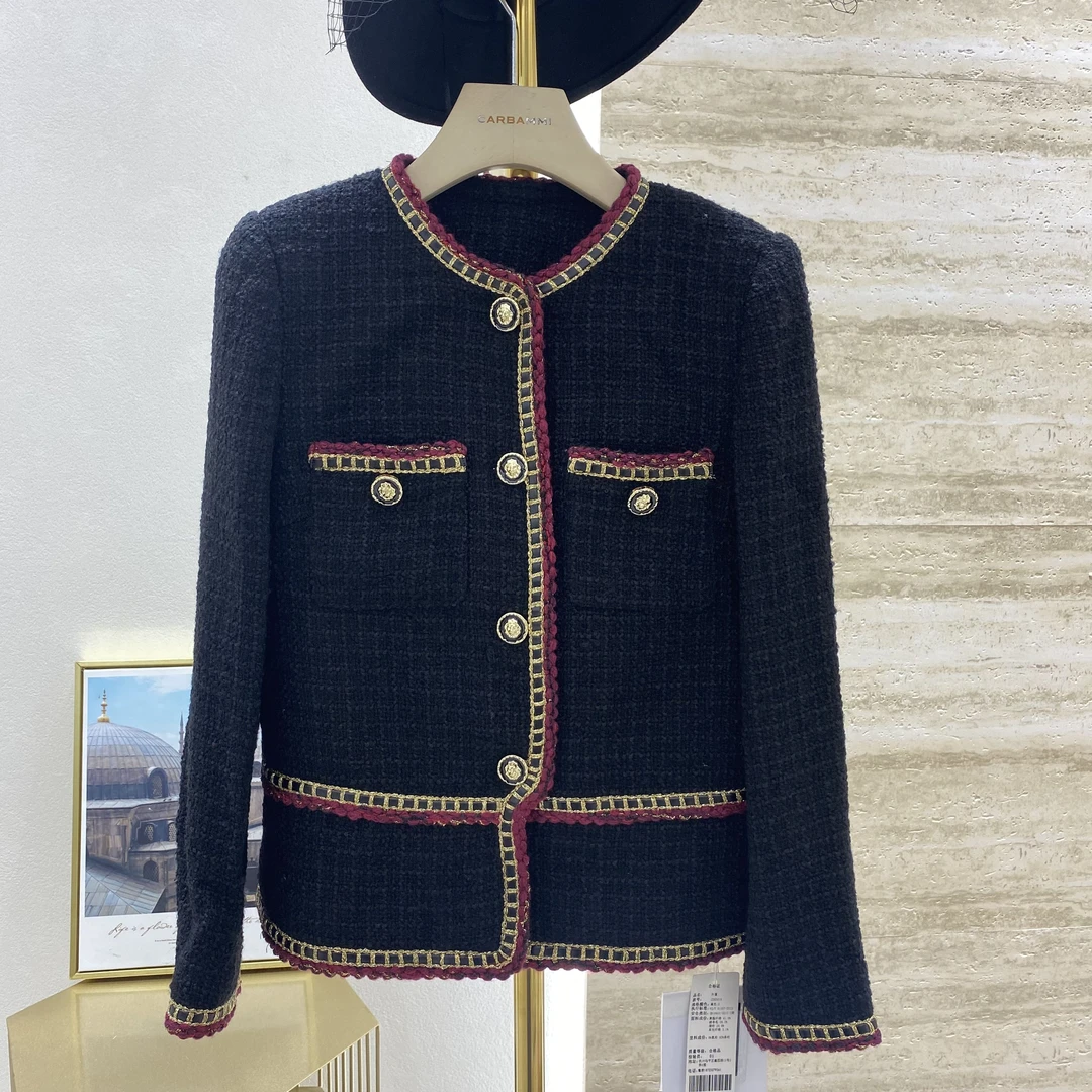 C083019小香风粗纺黑色气质短外套设计师经典女装秋季
