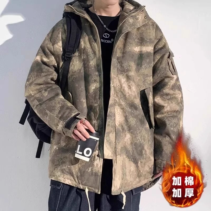 军装大衣连帽夹克男冬季覆古工装保暖迷彩棉服加绒加厚宽松棉衣外