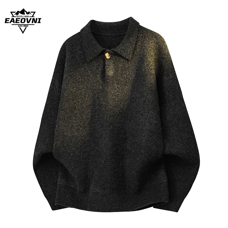 EAEOVNI灰色polo领毛衣男宽松慵懒美式复古秋季翻领针织衫外套潮