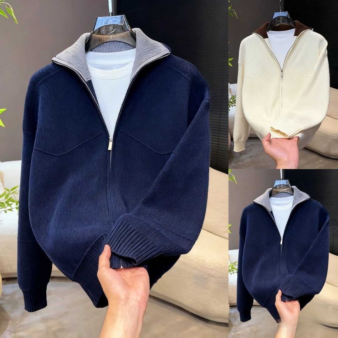 2025秋季潮流巴恩风撞色翻领男士针织开衫百搭休闲毛衣情侣外套男