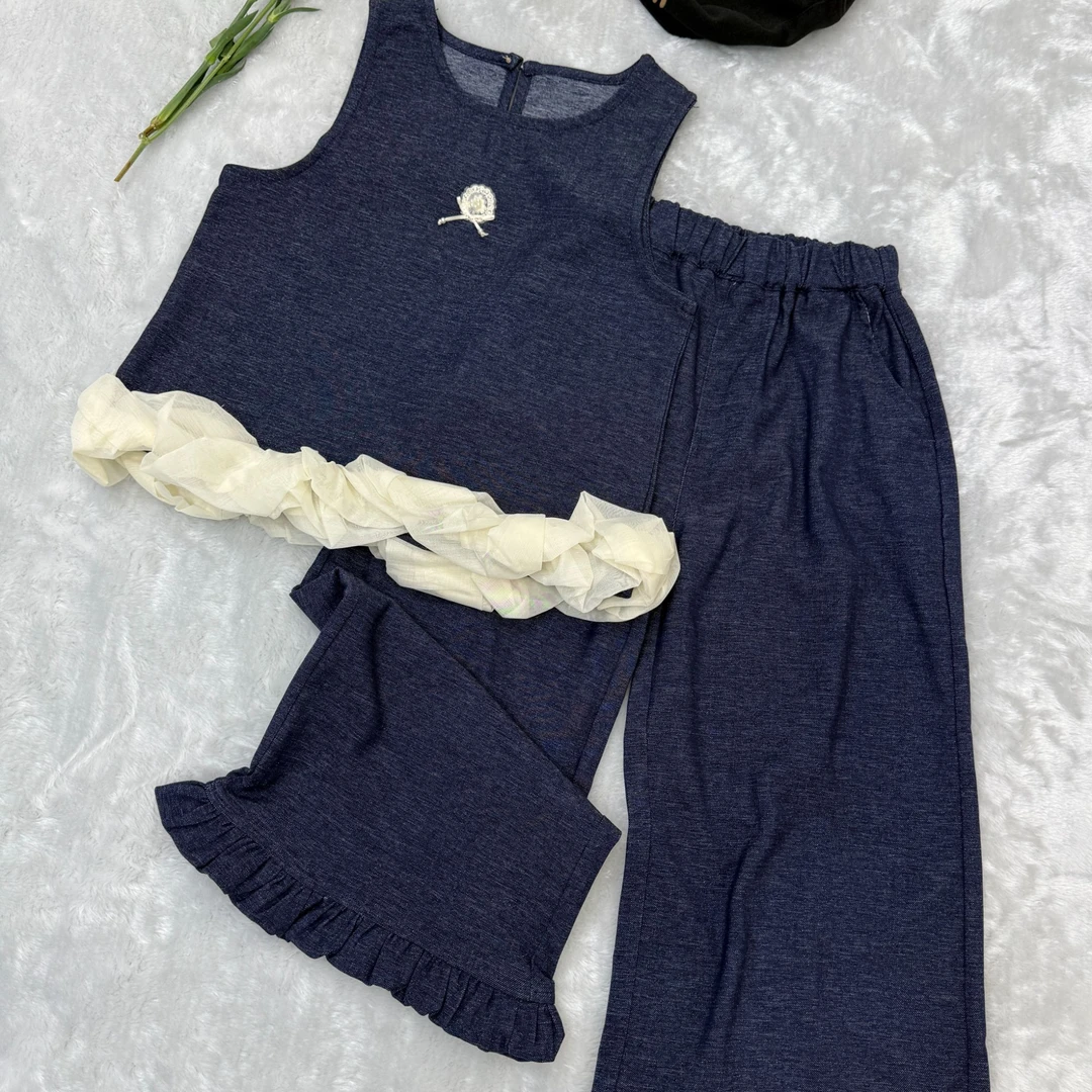 套头薄款牛仔拼纱两件套韩版休闲女童童装33168