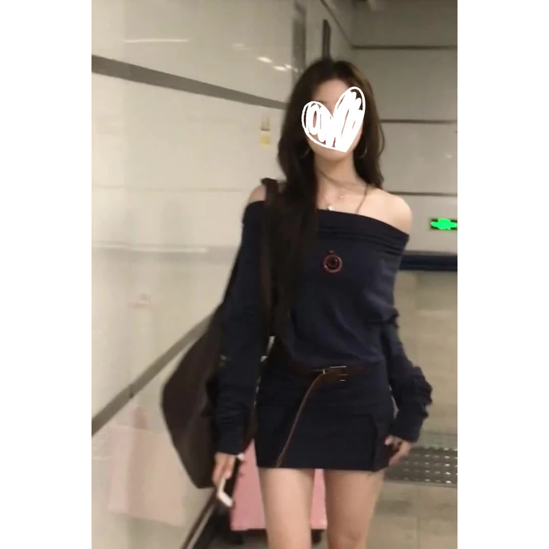 法式性感辣妹一字肩长袖连衣裙女早秋季2025新款修身露肩包臀短裙