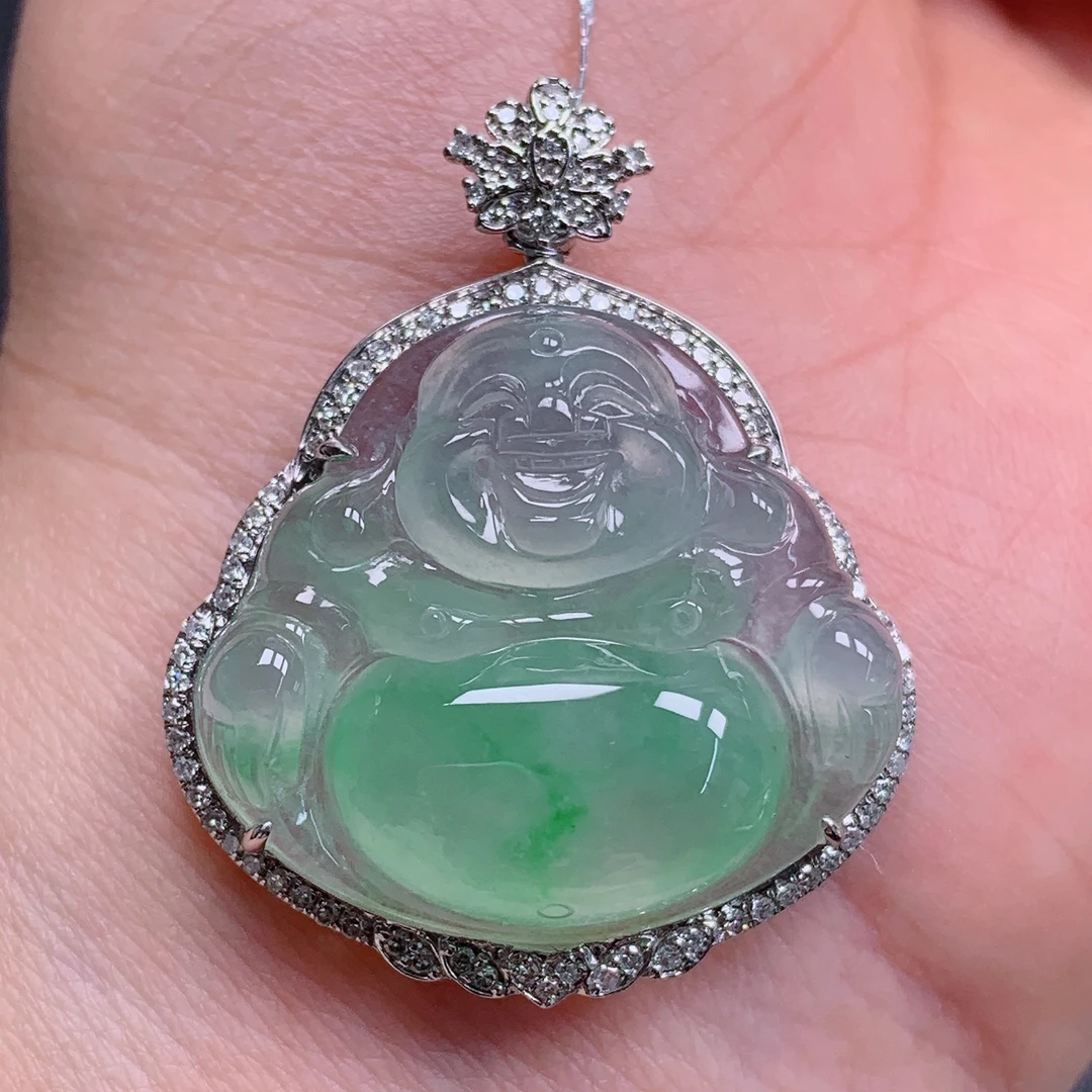 天然缅甸翡翠A货18k冰飘花佛公精美尺寸整体36.6+29.3+9.4  370