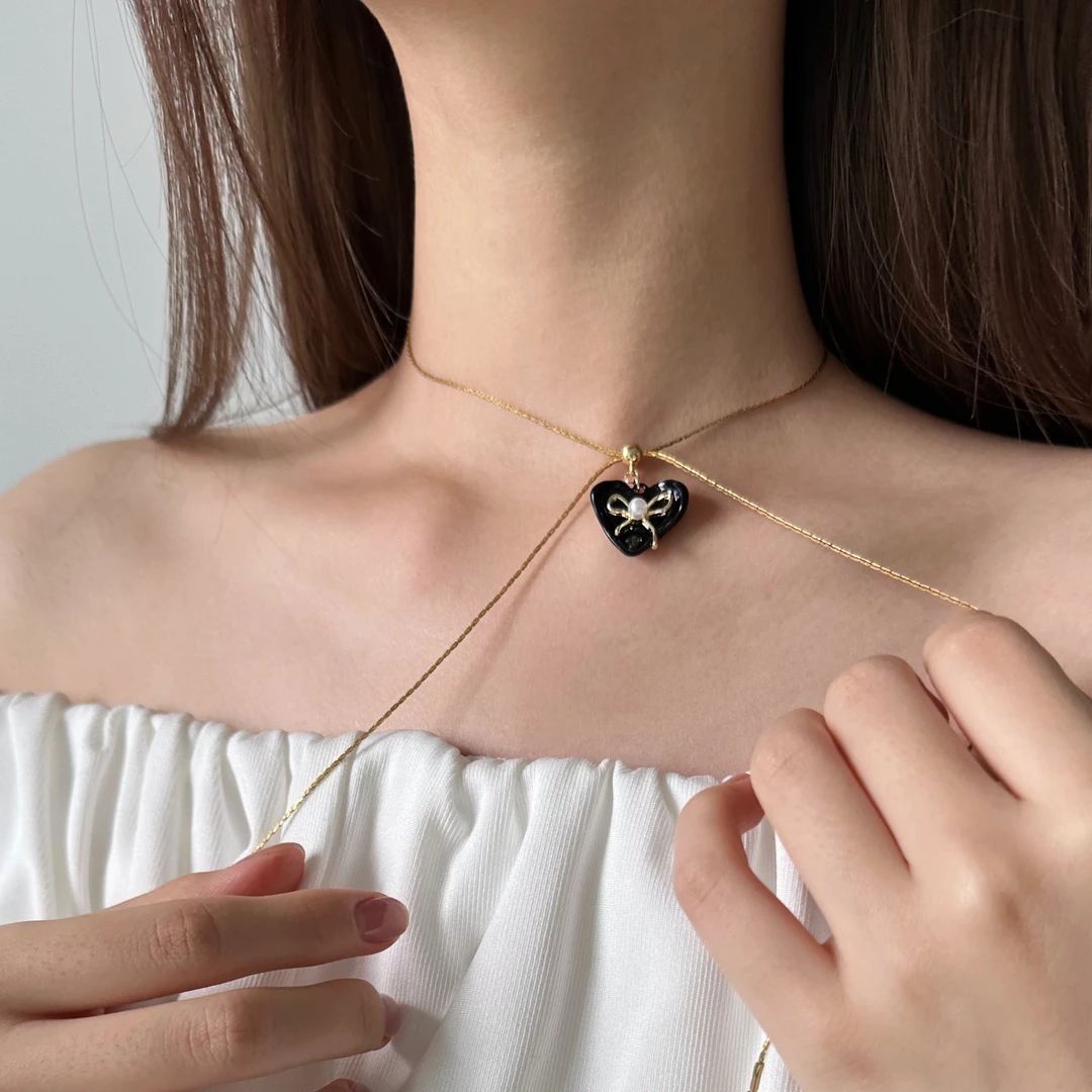 合金项链 X6103-1法式抽拉蝴蝶结爱心项链小香风气质轻奢时尚小众