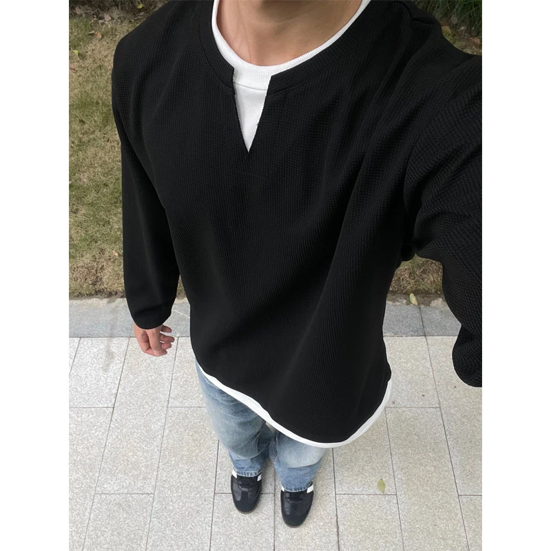 黑色假两件V领长袖t恤男款秋季华夫格内搭打底衫cleanfit正肩卫衣