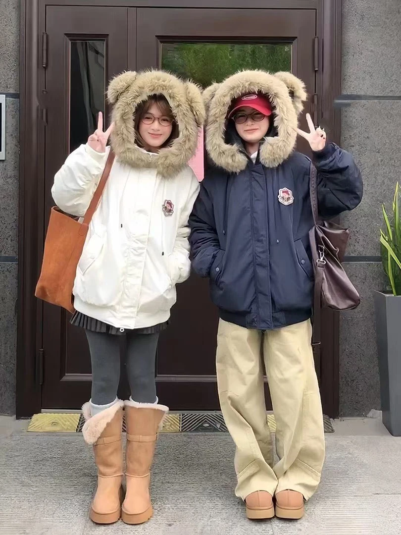 趣味小熊毛领棉服女款2025款冬季加厚小熊耳朵棉服外套