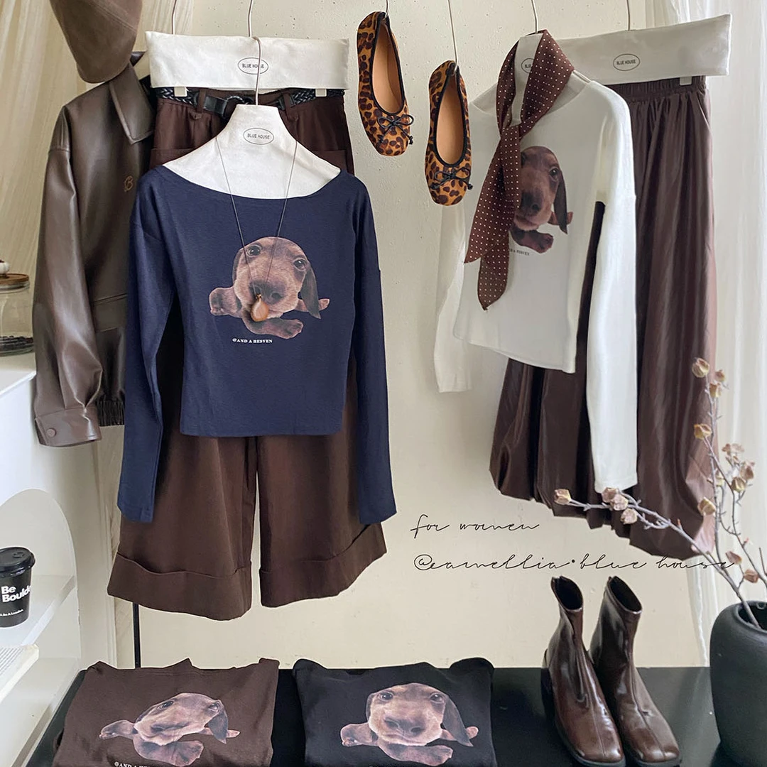 韩系辣妹小狗印花斜肩长袖T恤女秋雪花休闲百搭修身显瘦上衣