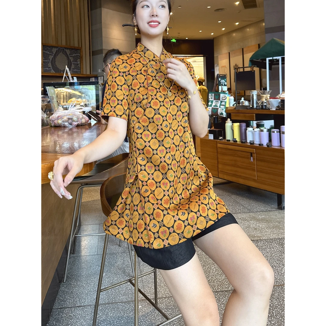 【深圳罗依】原创真丝衬衫女桑蚕丝红云纱气质立领国风中长款上衣