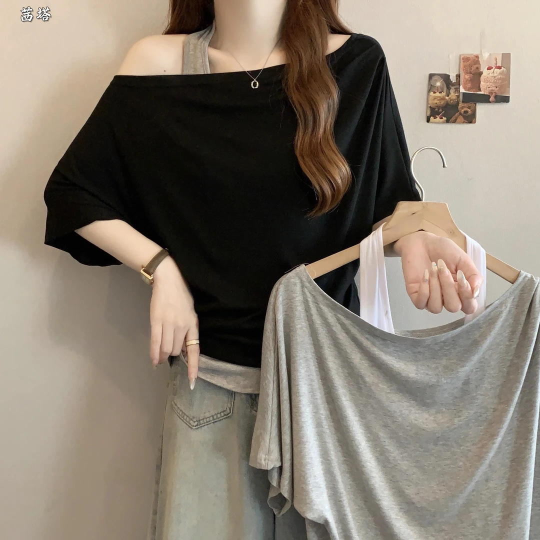 大码设计感斜肩短袖T恤女夏季新款胖mm露肩休闲百搭显瘦挂脖上衣
