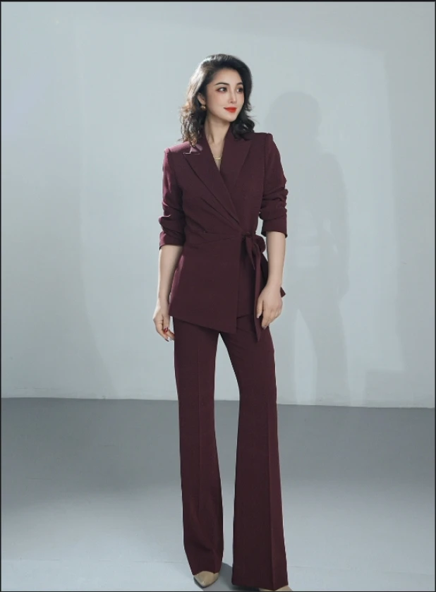 紫红色春秋款时尚显瘦轻职西装高端女士气质修身设计师西装套装