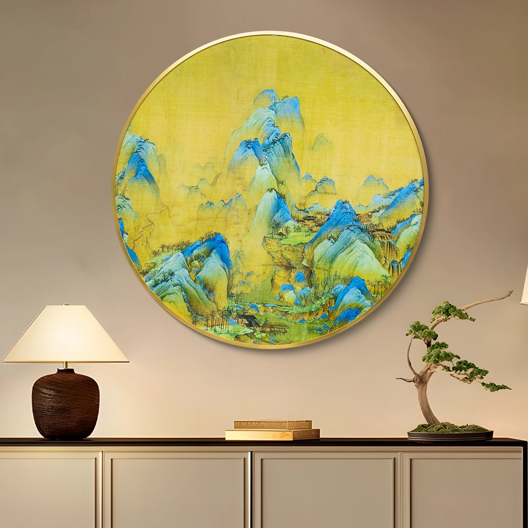 新中式玄关装饰画餐厅圆形挂画客厅山水画书房墙画千里江山图6060