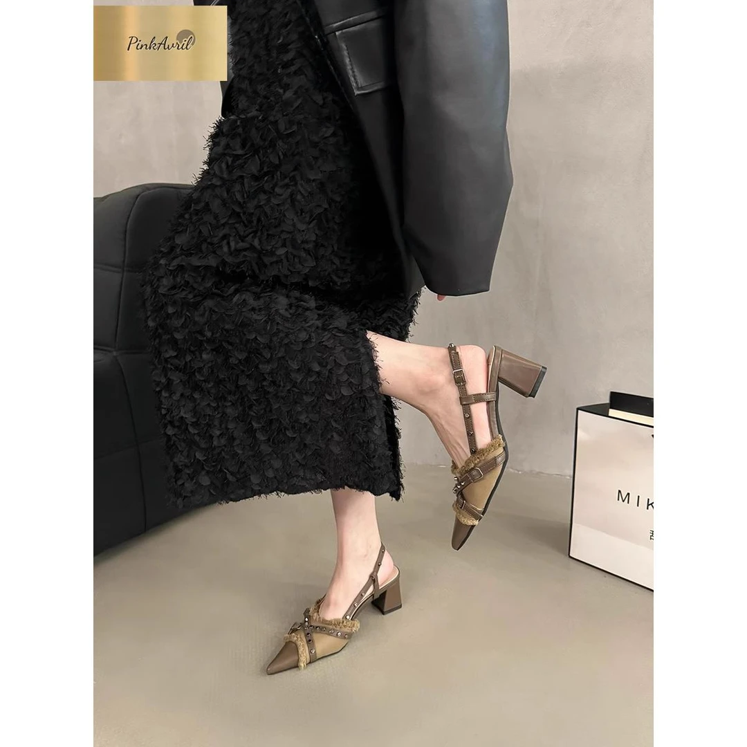 PinkAvril春夏感法式拖鞋凉鞋粗单鞋设计女款黑色跟仙女气质包头