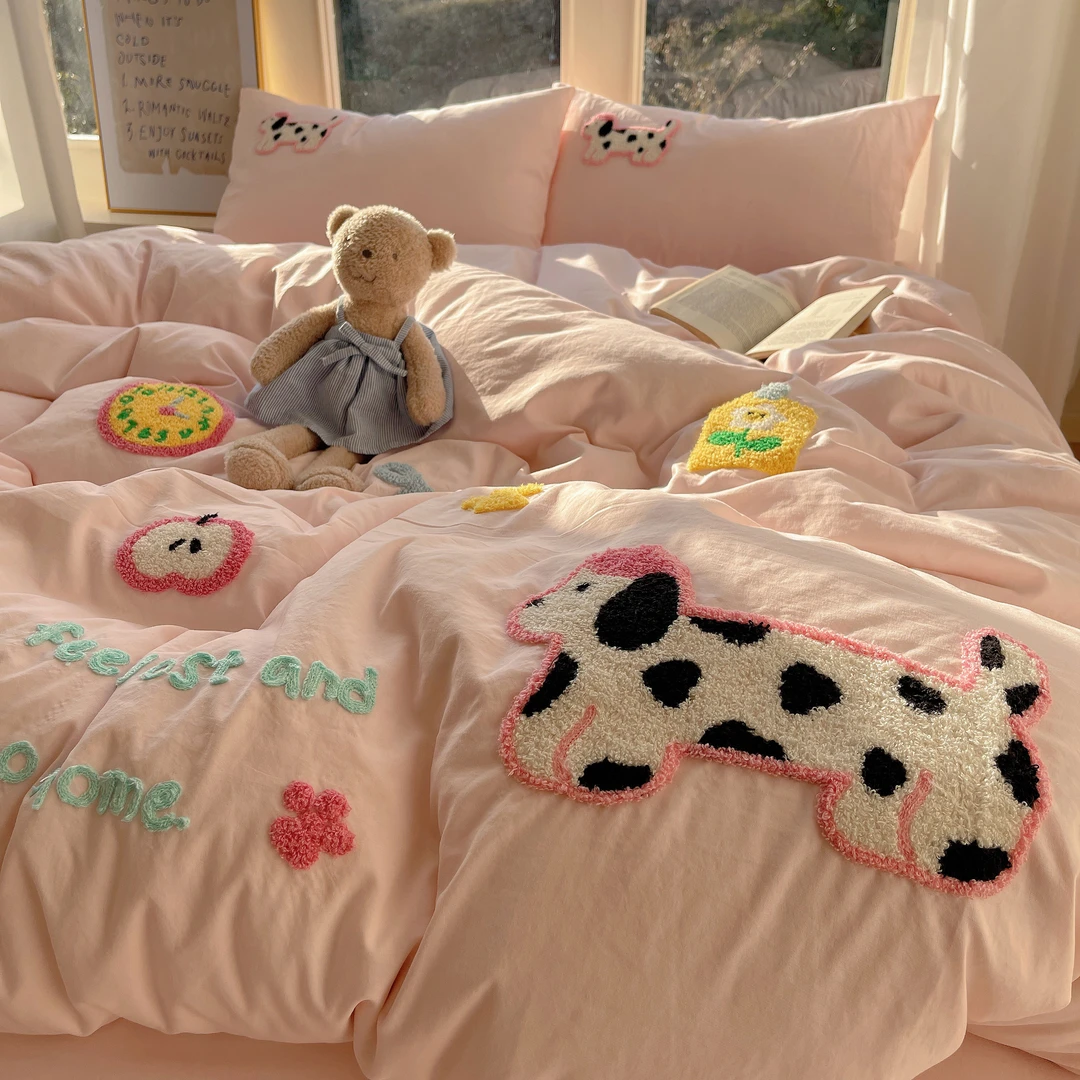 ins新款毛巾刺绣四件套可爱腊肠狗被套床单双人单人雪宿舍三件套