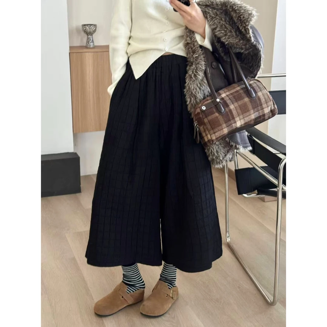 SP【时髦博主裤】 九分格子薄棉裤松紧腰阔腿8分裤 山本裤