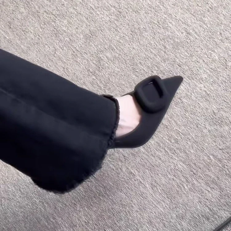 不累脚法式尖头细跟高跟鞋女2025新款方扣浅口单鞋黑色通勤工作鞋