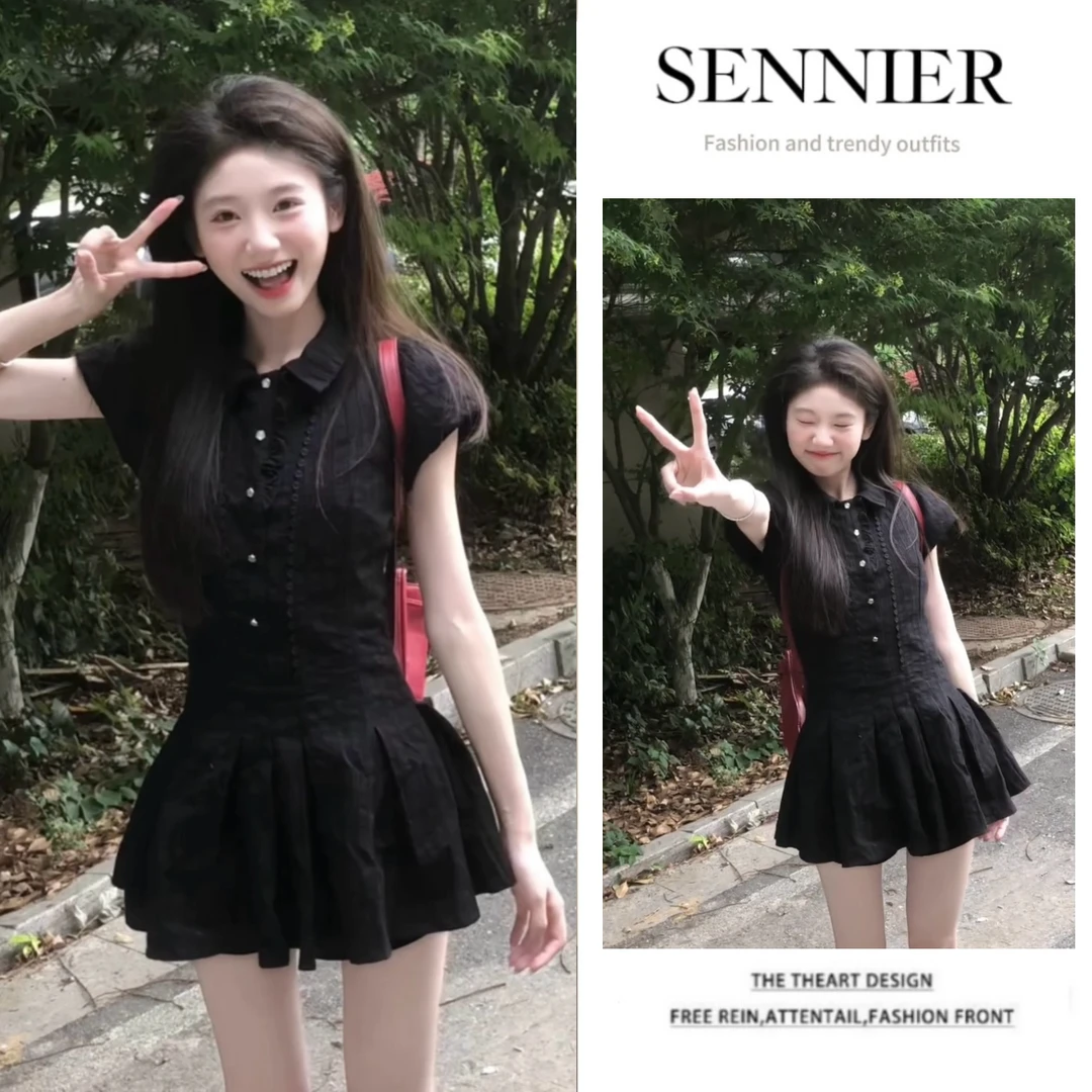 【现货】2025夏季新款韩系穿搭气质泡泡袖翻领收腰短裙褶皱连衣裙女