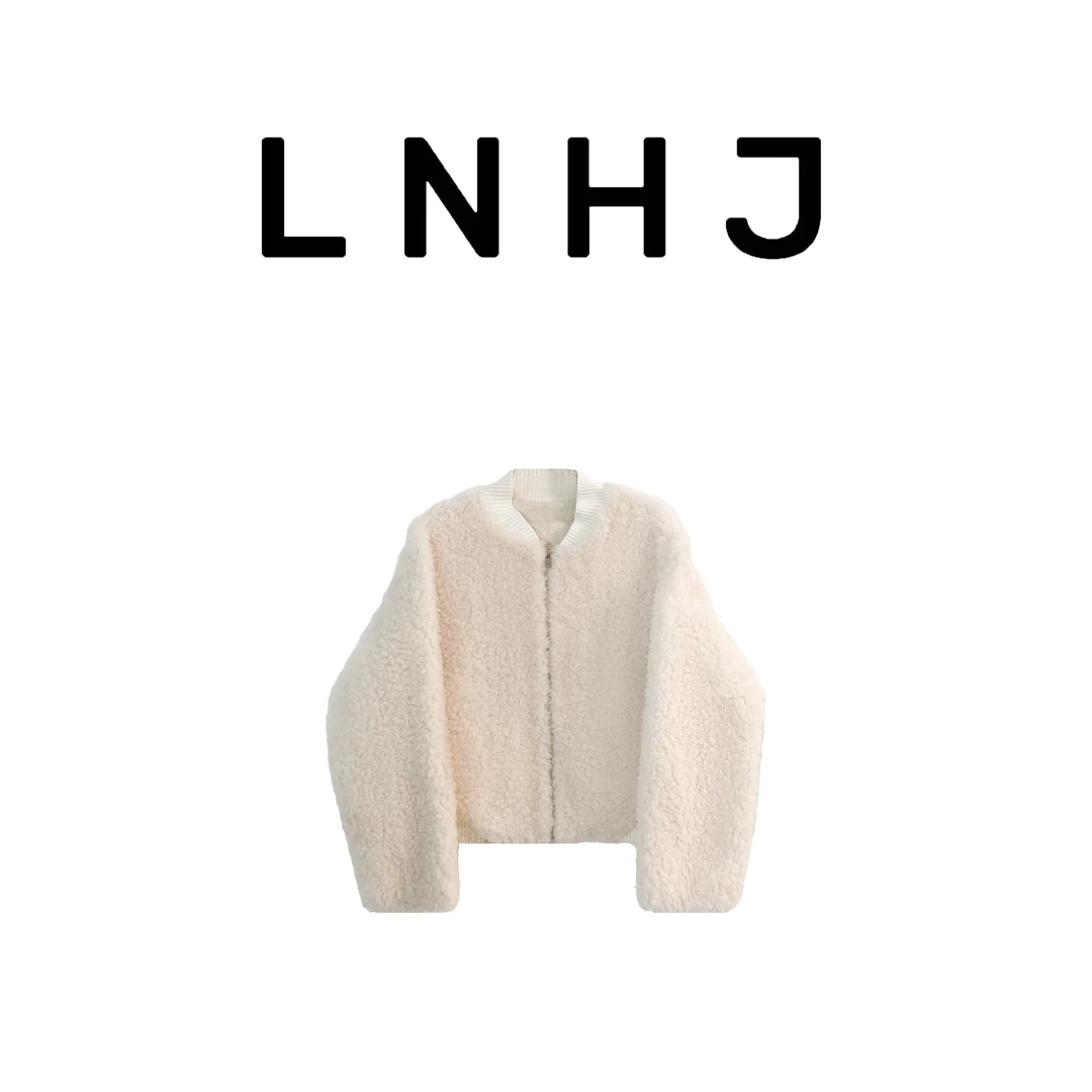【LNHJ】奏鸣曲 短款针织拼接拉链毛绒绒羊毛百搭短外套