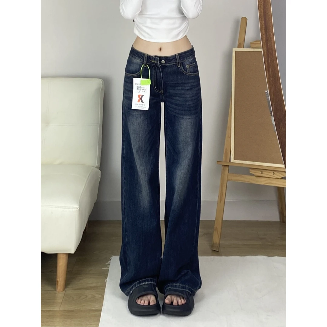 蓝灰色宽松直筒牛仔裤女2025秋季新款小个子显瘦百搭窄版阔腿裤子