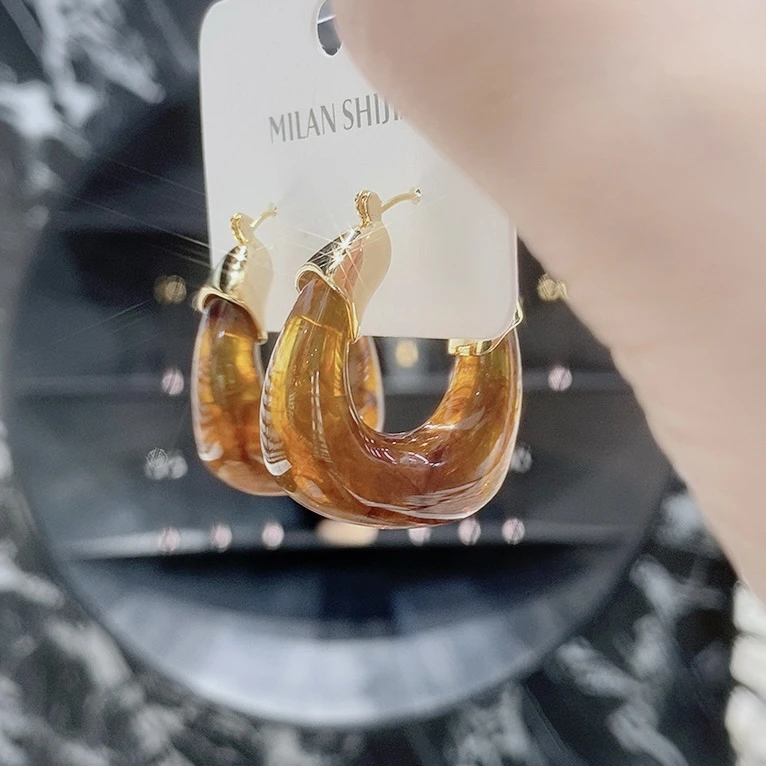 铜合金树脂耳饰 女拼色欧美时尚高级美拉德日韩几何形素款