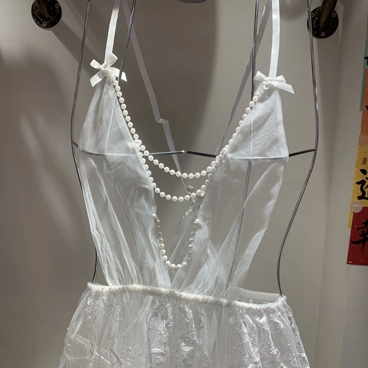 【酒店榨汁套装】梦中情人纯欲白色网纱透视珍珠蕾丝吊带性感睡衣裙