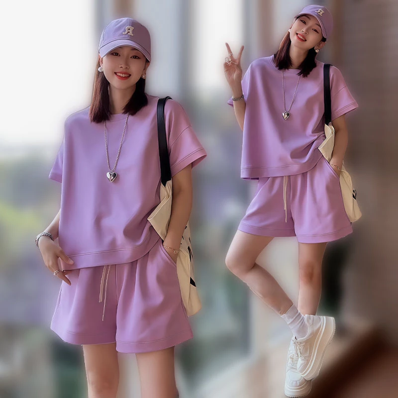高含棉休闲减龄套装女2025年夏季新款洋气短袖上衣阔腿短裤两件套