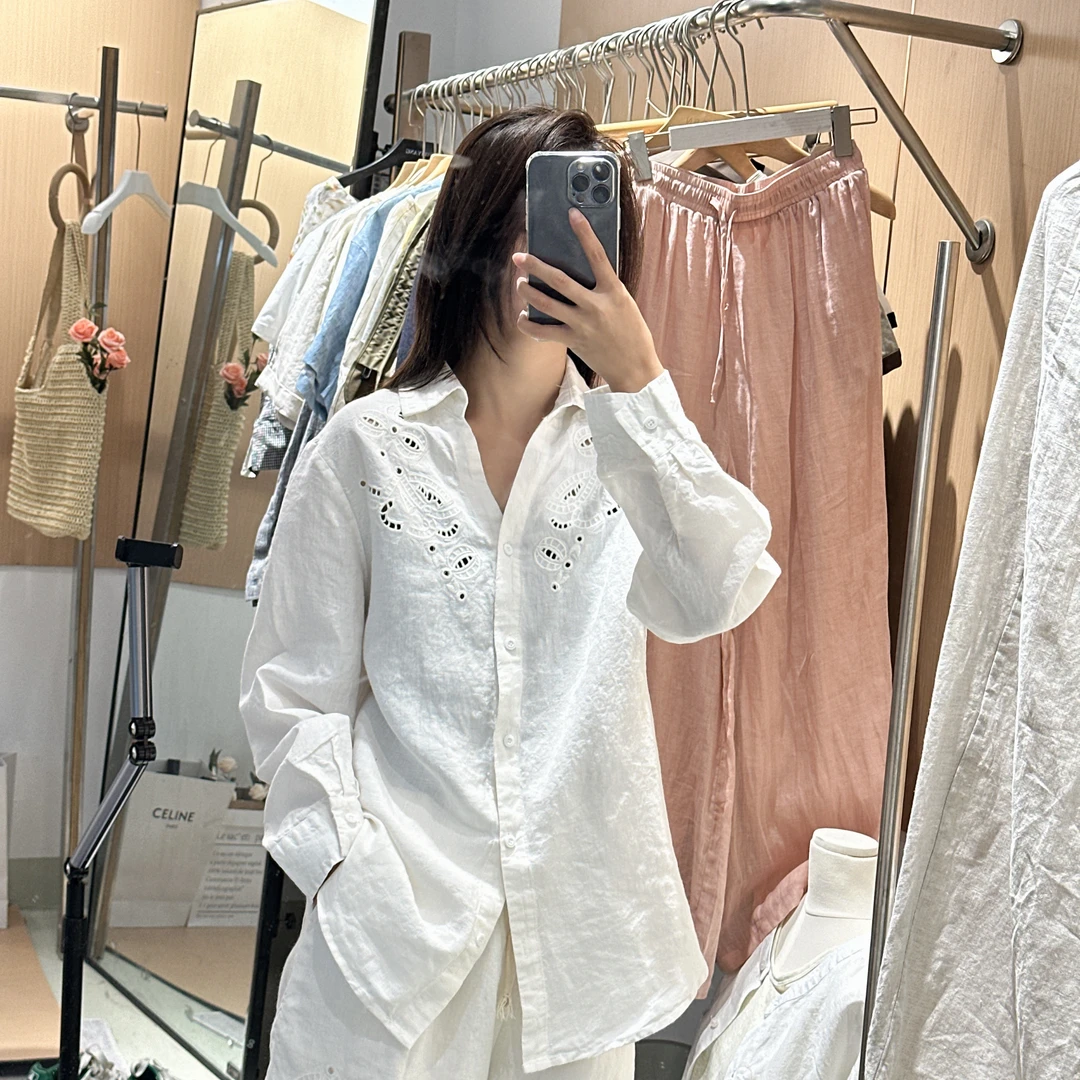 【云素锦】25新款15支100%汉麻重工万针镂空激光刺绣衬衫#ac88238