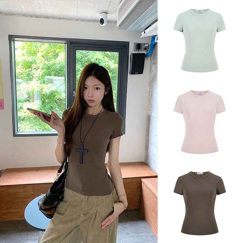 Moses Queen/魔西女王修身正肩圆领打底T恤女夏百搭显瘦短袖上衣