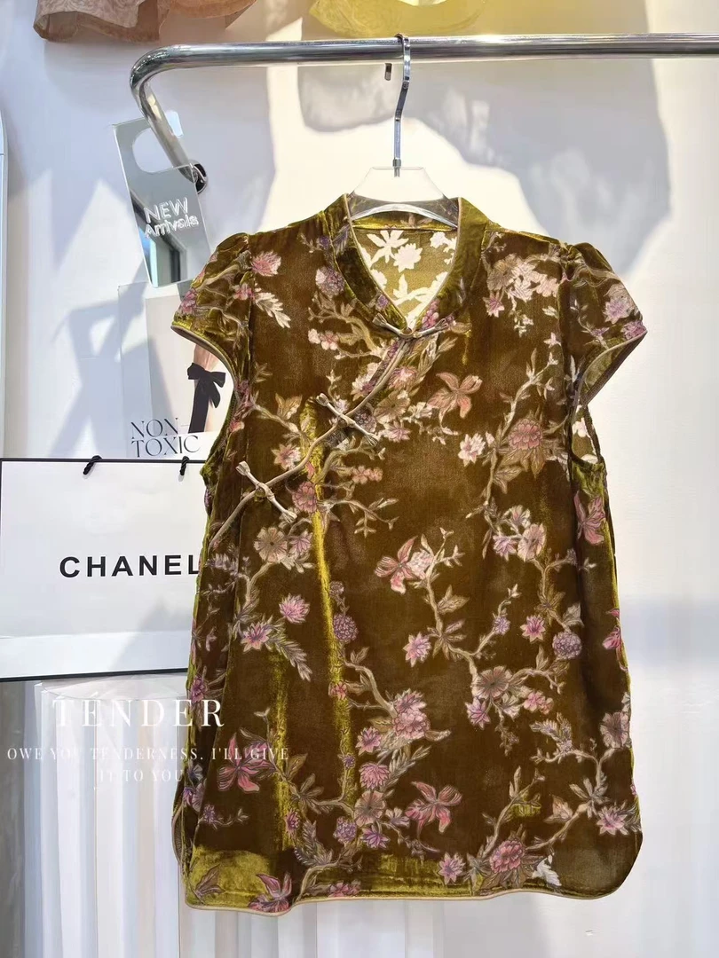 夏季薄款丝绒国风斜襟盘扣半高领显瘦短袖上衣小衫女25385