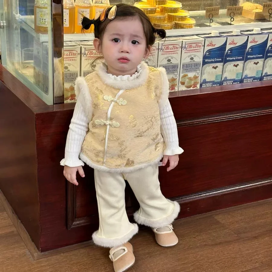女童2025秋冬装国风夹棉马甲洋气阔腿裤女宝宝周岁礼服唐装拜年服