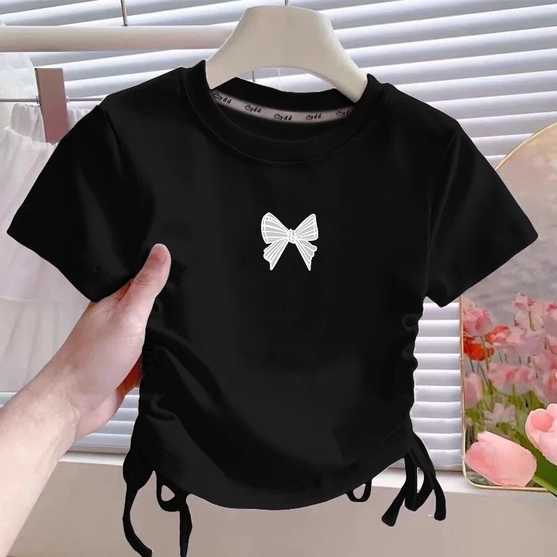 2025夏季新款女童纯棉短袖抽绳设计款T恤洋气中大童时尚潮流上衣