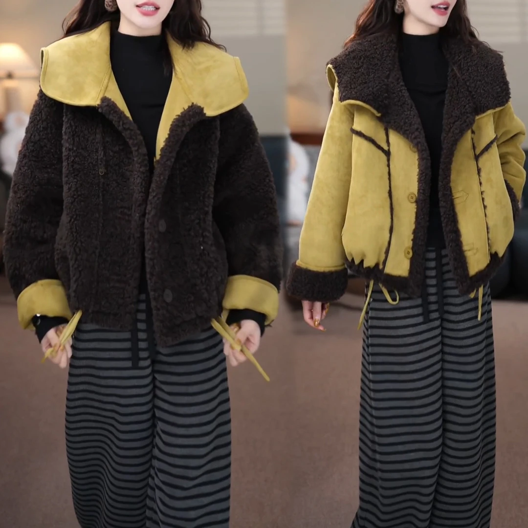 独特别致撞色拼接纽扣两面穿毛毛外套女2025冬季今年新款气质上衣