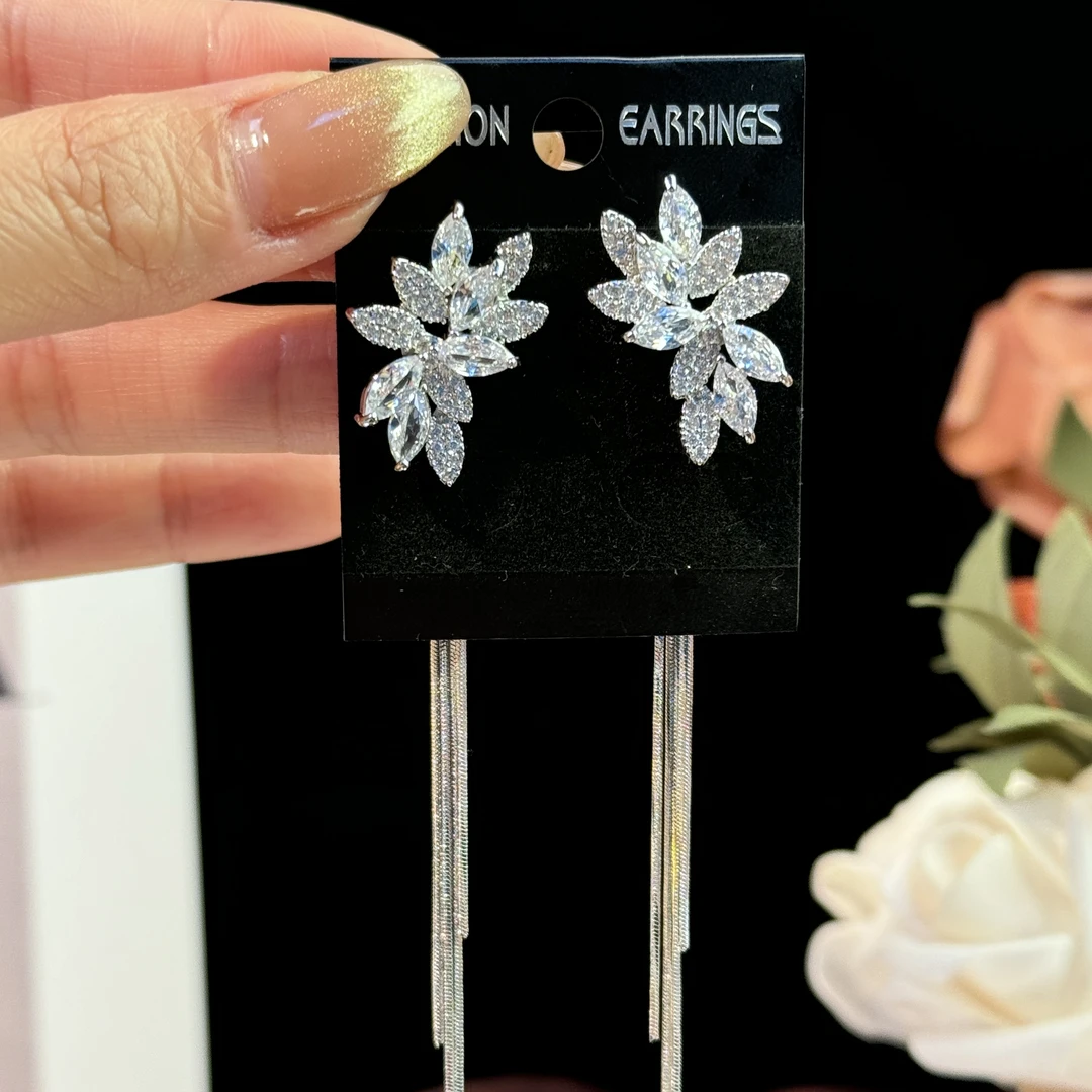 铜合金耳饰 浅词】超闪锆石长款流苏耳环气质轻奢时尚两戴耳钉洋气