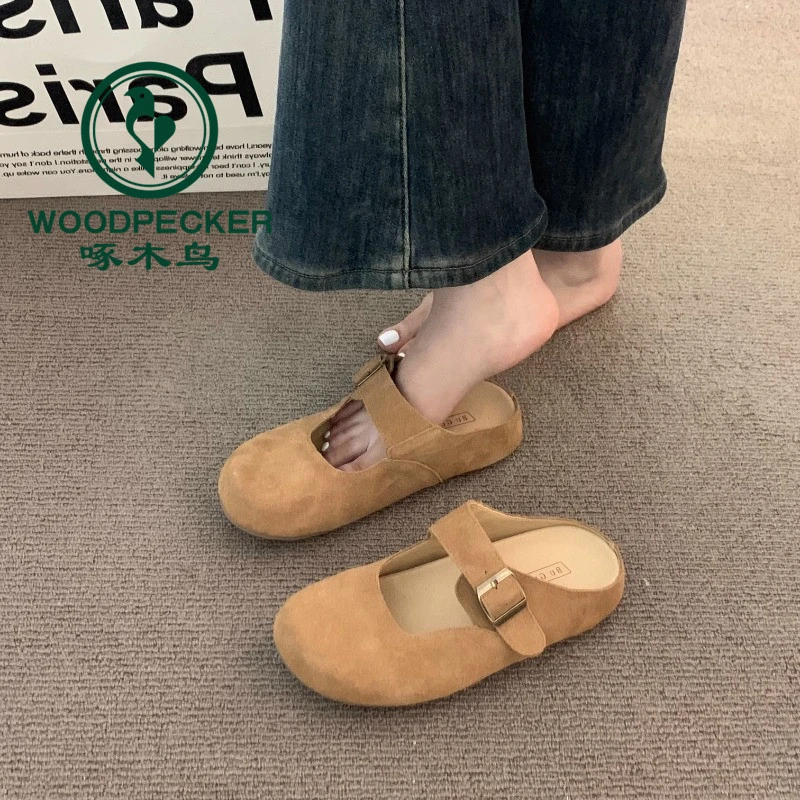 啄木鸟复古时尚包头玛丽珍半拖鞋女外穿2025春夏新款勃肯厚底凉拖