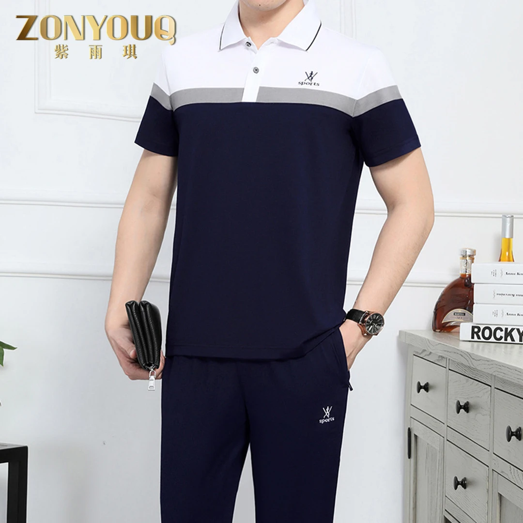 ZONYOUQ休闲套装男士夏季翻领短袖长裤组合polo衫裤子休闲两件套