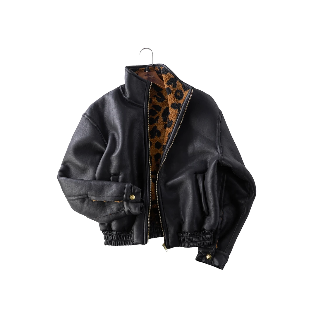 CZ2美式复古皮毛一体豹纹拼接PU皮棉服秋冬宽松短款夹克棉衣外套