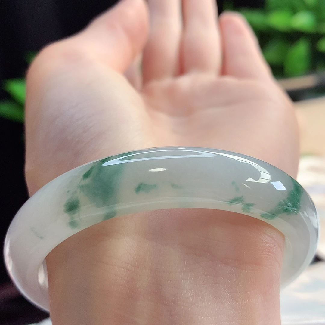 未镶嵌手镯翡翠天然A货翡翠55-56荔枝肉果冻胶 飘绿花1号