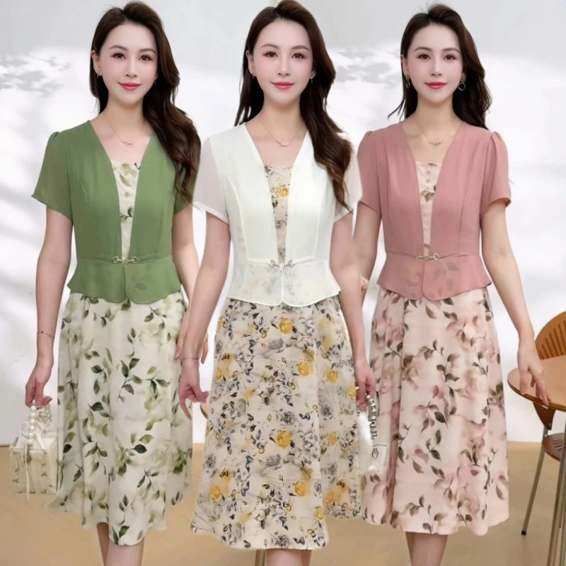 新中式欧美风夏季高腰中长裙极简风假两件拼接连衣裙收腰显瘦裙子