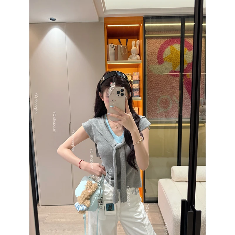 韩系气质两件套v领无袖背心t恤女夏季配披肩冰丝针织短款坎肩上衣