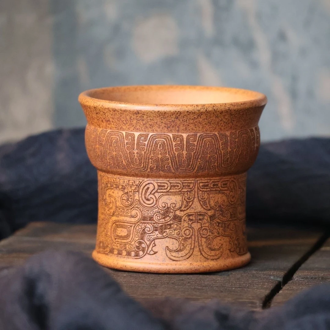 宜兴精品原矿手工紫砂高温柴烧茶杯主人茶具青铜纹功夫品茗150cc